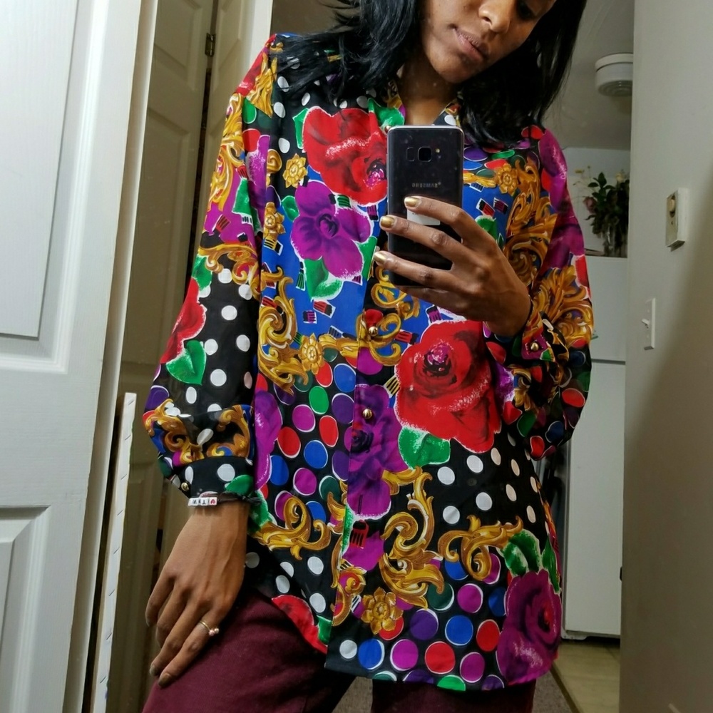 Vintage Express Top Floral Oversize Button Shirt